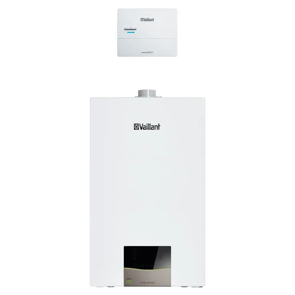 Vaillant Heizgerät in Weiß mit Bedienfeld und digitalem Display, kombiniert mit einem externen Regelungselement.